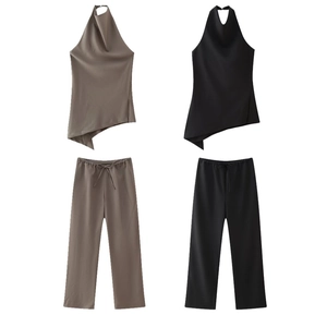 Tenues Femmes Haut Dos Nu Ourlet Asymétrique Et Pantalon Large À Cordon Streetwear Polyester