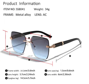 Detailed size chart for rimless diamond cut sunglasses showing frame width and lens height