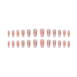 Long coffin glitter fake nails with pink gradient butterfly pattern and rhinestones