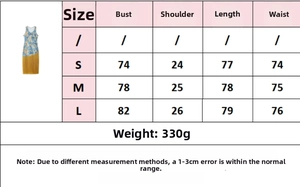 Detailed size chart for printed tassel dress showing bust and length measurements