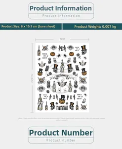Macro view of Halloween nail stickers with sketch style skulls and pumpkins patterns