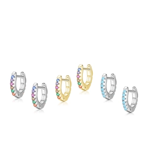 Trois paires de boucles d'oreilles huggie en argent S925 avec zircon coloré et turquoise