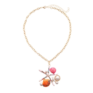 Golden starfish and shell necklace with colorful rhinestones and imitation pearls