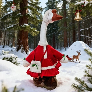Detailed view of plush Christmas goose outfit in red velvet with white fur trim and bow