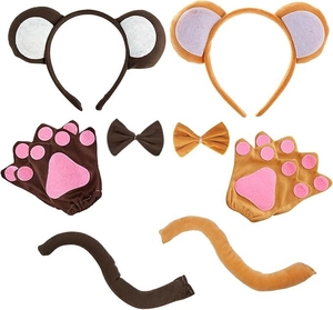 Detail of plush monkey ears headband, bowtie, paw gloves, and tail cosplay costume set