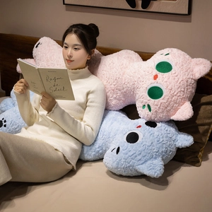 Long soft cartoon cat plush pillow in pink and blue for cozy bedroom decor