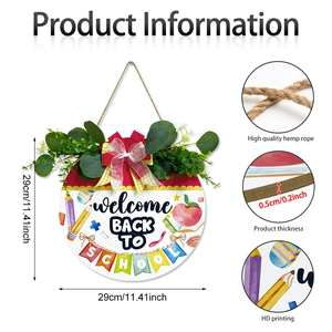 Round wooden Welcome Back to School door sign with 29cm diameter and ribbon decor