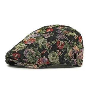 British retro floral jacquard newsboy cap with vintage metal buckle and colorful patterns