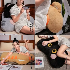 Multi-functional plush cat pillow used as a backrest, leg support, and sleeping cushion