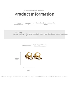 Detailed view of vintage pearl and tiger eye beaded earrings with size and weight info