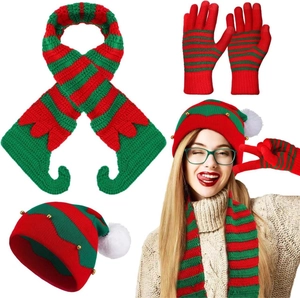 Christmas elf knit set with red green striped hat scarf and gloves for winter festive warmth