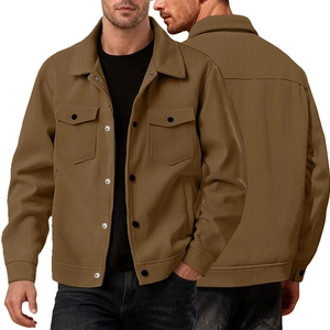 Front and back view of a men's tan corduroy jacket with chest pockets and a collar