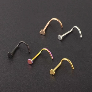 Set of 5 heart-shaped stainless steel L-bend nose studs in assorted metallic colors