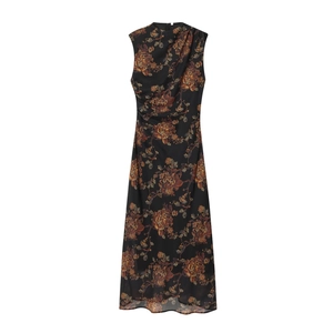 Damen Ärmelloses Maxikleid Mit Blumenmuster Vintage Chiffon Druck Raffung Schlanke Passform Elegant Rundhals Hohe Taille