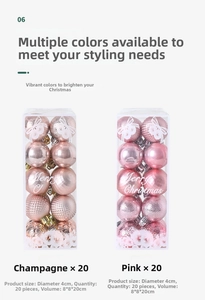 Detail view of 4cm champagne and pink Christmas balls in transparent boxes with patterns