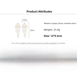 Detail view of pear-shaped pearl tassel earrings with dimensions and copper zircon specs
