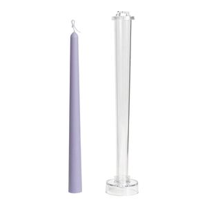 Transparent PC plastic taper candle mold shown with a finished purple conical wax candle