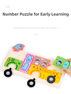 Detail showing hands assembling a colorful wooden school bus puzzle with numbers 1 to 10