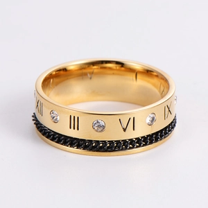 Vintage Stainless Steel Ring With Roman Numerals Rhinestone Inlaid Hollow Black Chain Design For Men Women