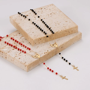 304 Stainless Steel Rosary Necklace For Women Colorful Crystal Beads Heart Cross Pendant Religious Jewelry