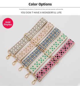 Detailed view of colorful ethnic pattern bag straps with premium gold swivel hooks