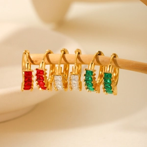 Detailed close-up of gold-plated hoop earrings featuring red, white, and green rectangle zircons