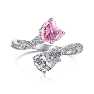 Anillo abierto de plata S925 con piedra de corazón rosa y cristales de pera