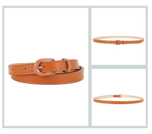 Detail view of brown PU leather thin waist belt with matching pin buckle for women