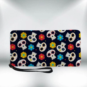 Black PU leather long wallet with colorful sugar skull and floral pattern print