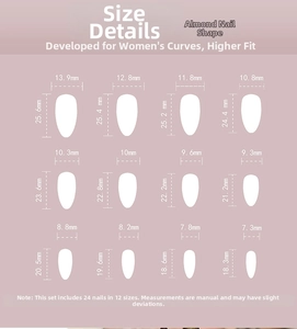 Size chart for almond-shaped press-on nails showing width and length of 12 various sizes