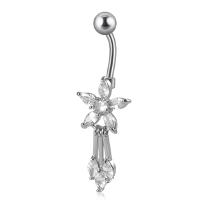 Polished silver navel ring featuring a sparkling clear zircon stone on white background