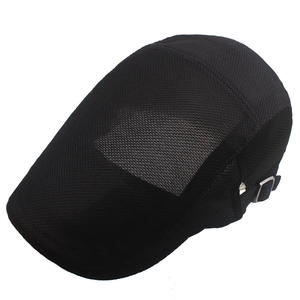 Men's summer mesh beret hat in black with adjustable side buckle and breathable design