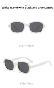 Front and side views of white square frame sunglasses with dark grey lenses and gold detail
