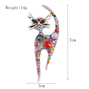 Vintage cute cat brooch with colorful rhinestones in silver finish for fashion accessories
