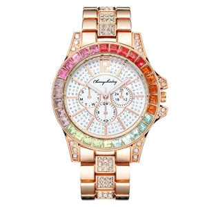 Luxury rose gold women's watch with rainbow gemstone bezel and full rhinestone dial