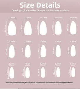 Size chart for 30pcs white almond press-on nails showing 15 different dimensions in mm