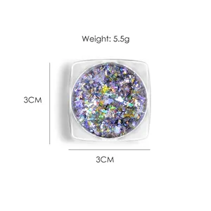 Laser holographic purple nail glitter sequins in 3x3cm box weighing 5.5g for DIY manicure