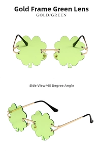 Front and side view of gold metal clover sunglasses with green lenses for St Patrick's Day
