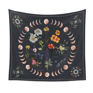 Detail of bohemian black floral tapestry with lunar phases and botanical plant names