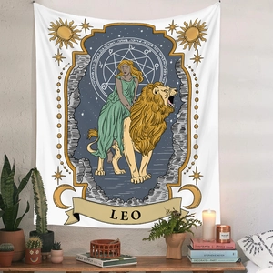 Bohemian Leo zodiac tapestry with retro tarot art style hanging in a cozy room decor