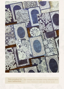 Detailed view of vintage blue vellum paper featuring white lace mandala patterns