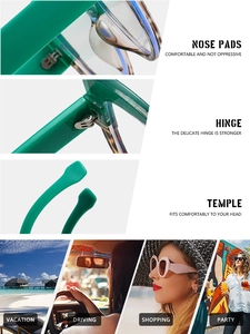 Détails des plaquettes de nez, charnières métalliques et branches ergonomiques des lunettes