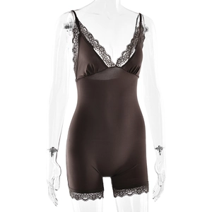 Close-up of deep brown bodysuit featuring black lace trim and V-neckline details