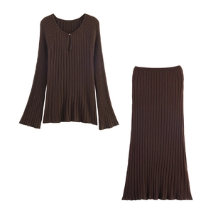 Chocolate brown knitted two-piece set featuring a long sleeve top and ribbed maxi skirt
