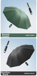 Detail of forest green and obsidian black automatic umbrellas with hooked handles