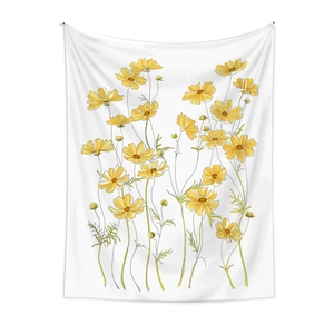 Bohemian floral wall tapestry featuring yellow flowers on white fabric for room decor