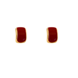 Vintage small square red enamel stud earrings with gold plating for women's daily wear