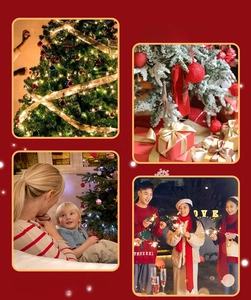 Christmas gift box scene featuring red paper boxes with festive lights and snowy trees