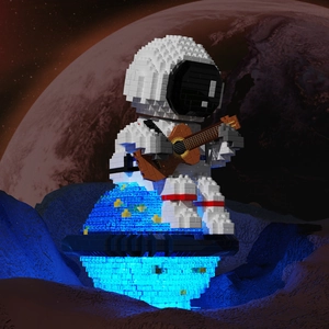 Macro view of astronaut building block model playing guitar on glowing blue crystal base
