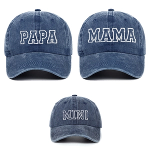 Matching set of washed denim baseball caps with PAPA, MAMA, and MINI white embroidery